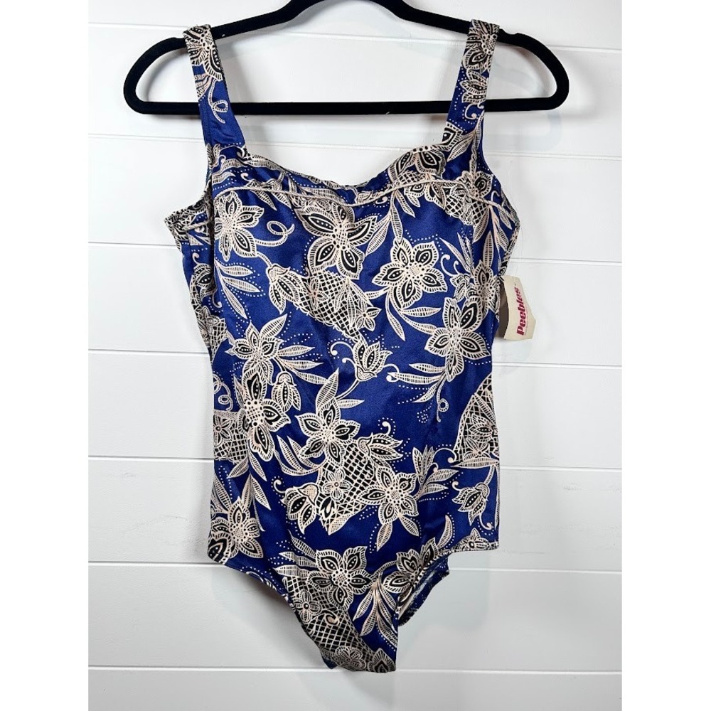 VTG Maillot Batten Navy Blue Floral Batik One‎ Piece Swimsuit Size 16 C/D NWT